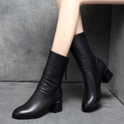Thick Round Head and Middle Heel Boots