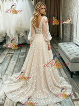 Champagne Lace V-neck Long Sleeve Wedding Dress