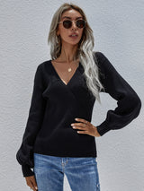 Cross V-neck Solid Color Pullover Loose Sweater
