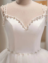 White Tulle Straps Pearls Homecoming Dress