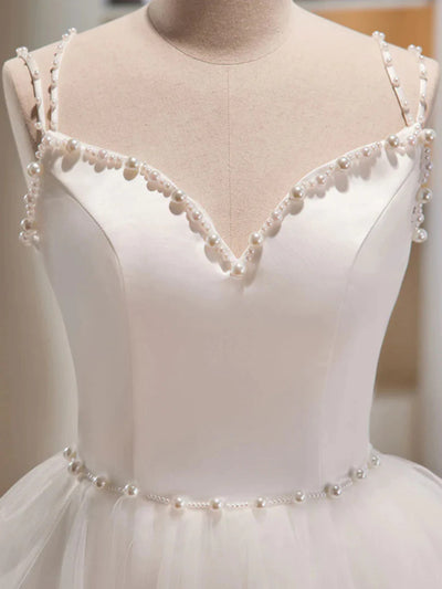 White Tulle Straps Pearls Homecoming Dress