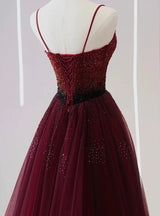 Burgundy Tulle Spaghetti Straps Prom Dress