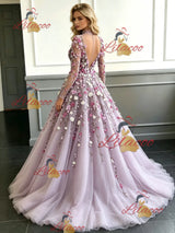 Purple Tulle Long Sleeve Appliques Backless Prom Dress