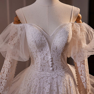 White Lace Tulle Long Sleeve Straps Wedding Dress