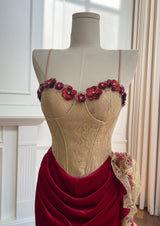 Velvet Lace Straps Pleats Prom Dress