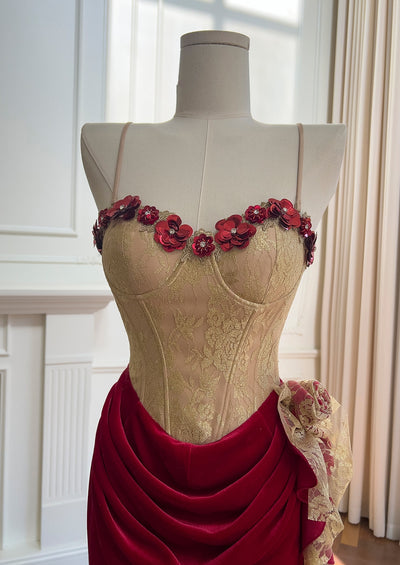 Velvet Lace Straps Pleats Prom Dress