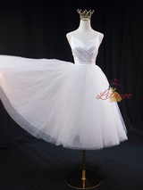 White Tulle Spaghetti Straps Pleats Wedding Dress