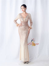 Burgundy Long Sleeve Sequins Prom Dress