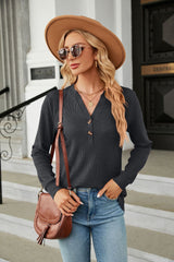 Solid Color V-neck Button Loose T-shirt