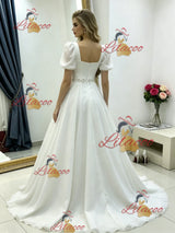 White Puff Sleeve Square Neck Wedding Dress