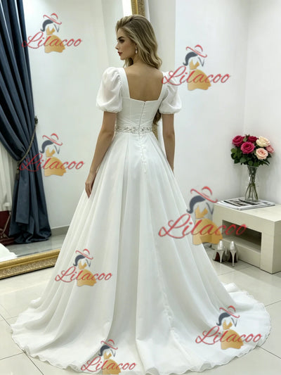 White Puff Sleeve Square Neck Wedding Dress
