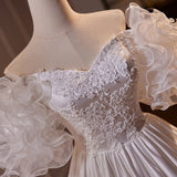 White Satin Off the Shoulder Appliques Wedding Dress