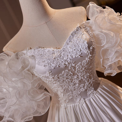 White Satin Off the Shoulder Appliques Wedding Dress