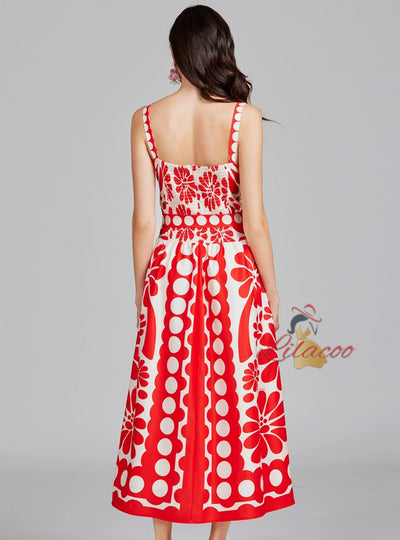 Retro Printed Sling Slim Dress