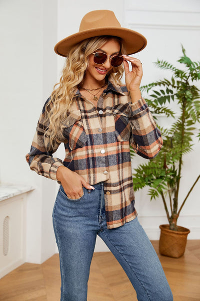 Button Lapel Loose Long Sleeve Plaid Woolen Coat