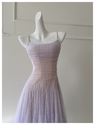 Purple Lace Straps Pleats Prom Dress