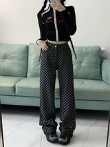 Plaid Wide Leg Loose Straight Jeans