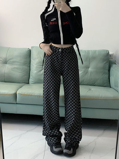 Plaid Wide Leg Loose Straight Jeans