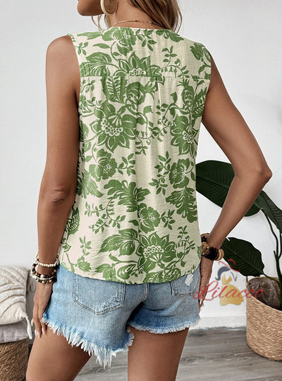 Printed Pleated Sleeveless Shirt
