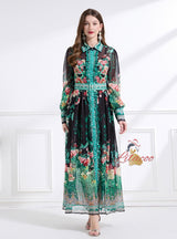 Bow Short Lapel Long Sleeve Printed Dress