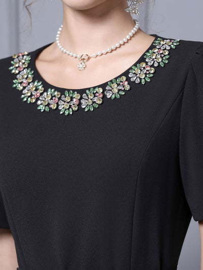 Black Short Sleeve Crystal Belt Mother Of The Bride Dress