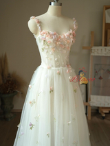 White Tulle Straps 3D Flower Tea Length Prom Dress