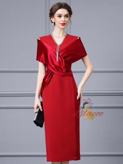 V-neck Satin Beading Mother Of The Bride Dress