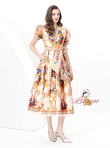 Long Printed Wrapped V-neck Dress