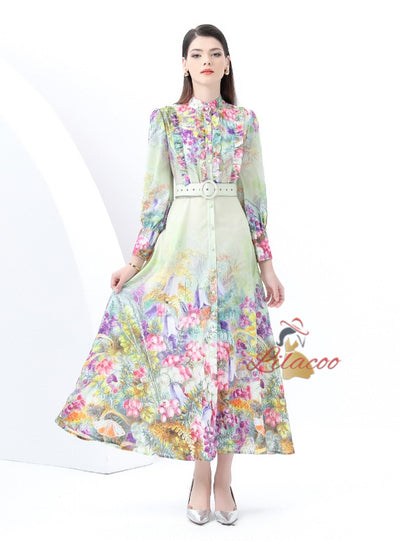 Retro Printed Long Sleeve Dress