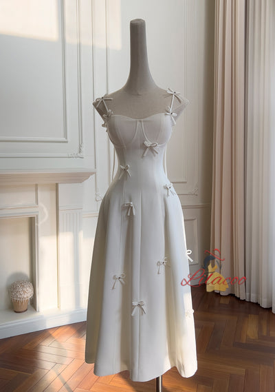 White Straps Bow Prom Dress