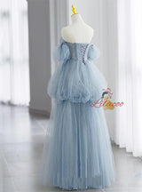 Blue Tulle Sequins Long Sleeve Prom Dress