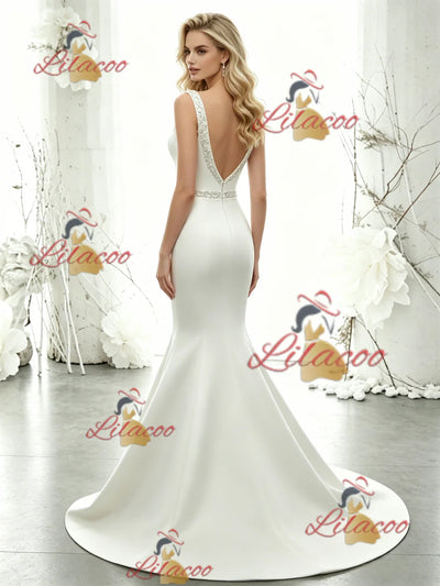 White Mermaid Satin Straps Beading Wedding Dress
