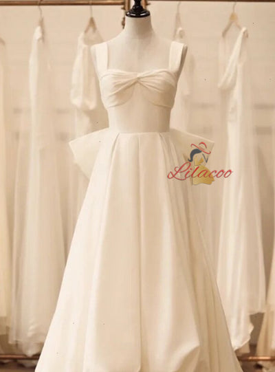 White Satin Hi Lo Bow Wedding Dress