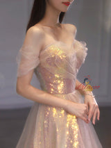 Pink Tulle Sequins Off the Shoulder Prom Dress