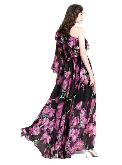 Holiday One-shoulder Flounced Beach Print Dress