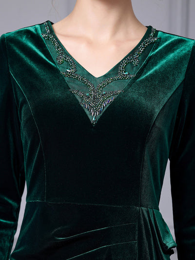 Green Velvet Long Sleeve Mother of the Bride Dress