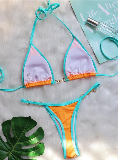 Sexy Patchwork Metal Accessories Pearl Swimsuit