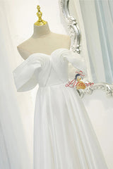White Satin Off the Shoulder Pleats Wedding Dress