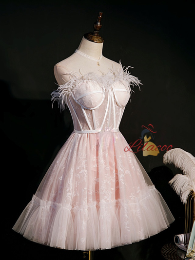 Pink Tulle Lace Feather Strapless Homecoming Dress