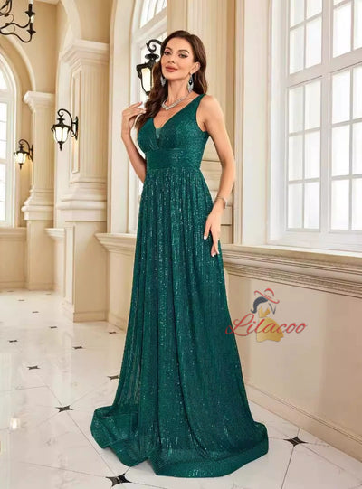Green Sequins V-neck Prom Dress