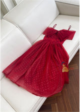 Wine Red Suspender Bow Gauze Dress