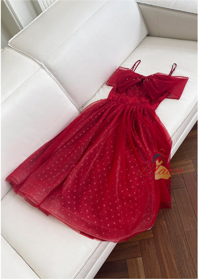 Wine Red Suspender Bow Gauze Dress