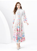 Retro Palace Style Long Sleeve Vertical Print Dress