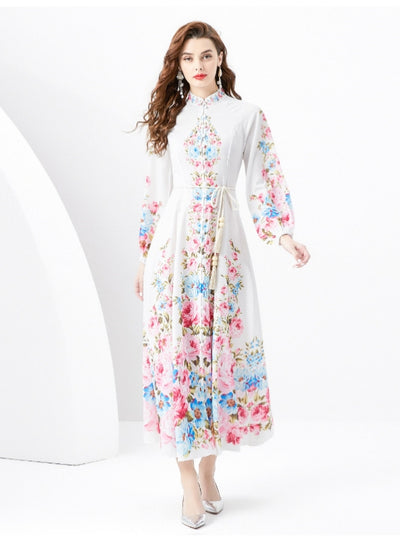 Retro Palace Style Long Sleeve Vertical Print Dress