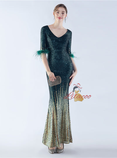 V-neck Short Sleeve Sequins Prom Dress