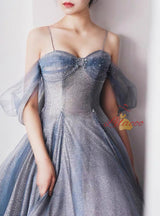 Blue Tulle Sequins Pleats Straps Beading Prom Dress