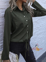 Lapel Drawstring Long Sleeve Solid Color Shirt