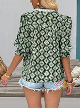 Ruffled Short Sleeve Geometric Printed Shirt