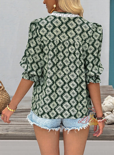 Ruffled Short Sleeve Geometric Printed Shirt