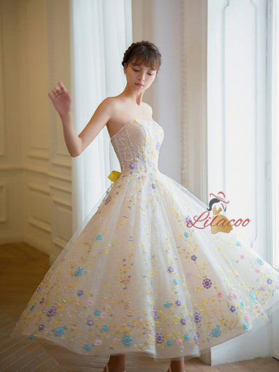 Champagne Tulle Sequins Tea Length Prom Dress